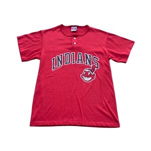 Vtg 1991 Cleveland Indians Swingster Henley Youth L Red MLB Chief Wahoo